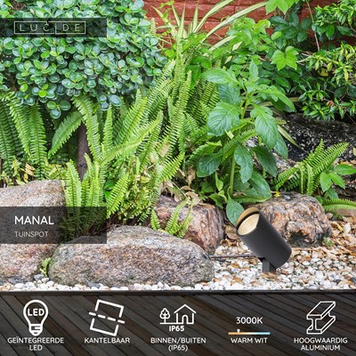 Lucide MANAL - Tuinspot - LED - 1x13W 3000K - IP65 - Antraciet